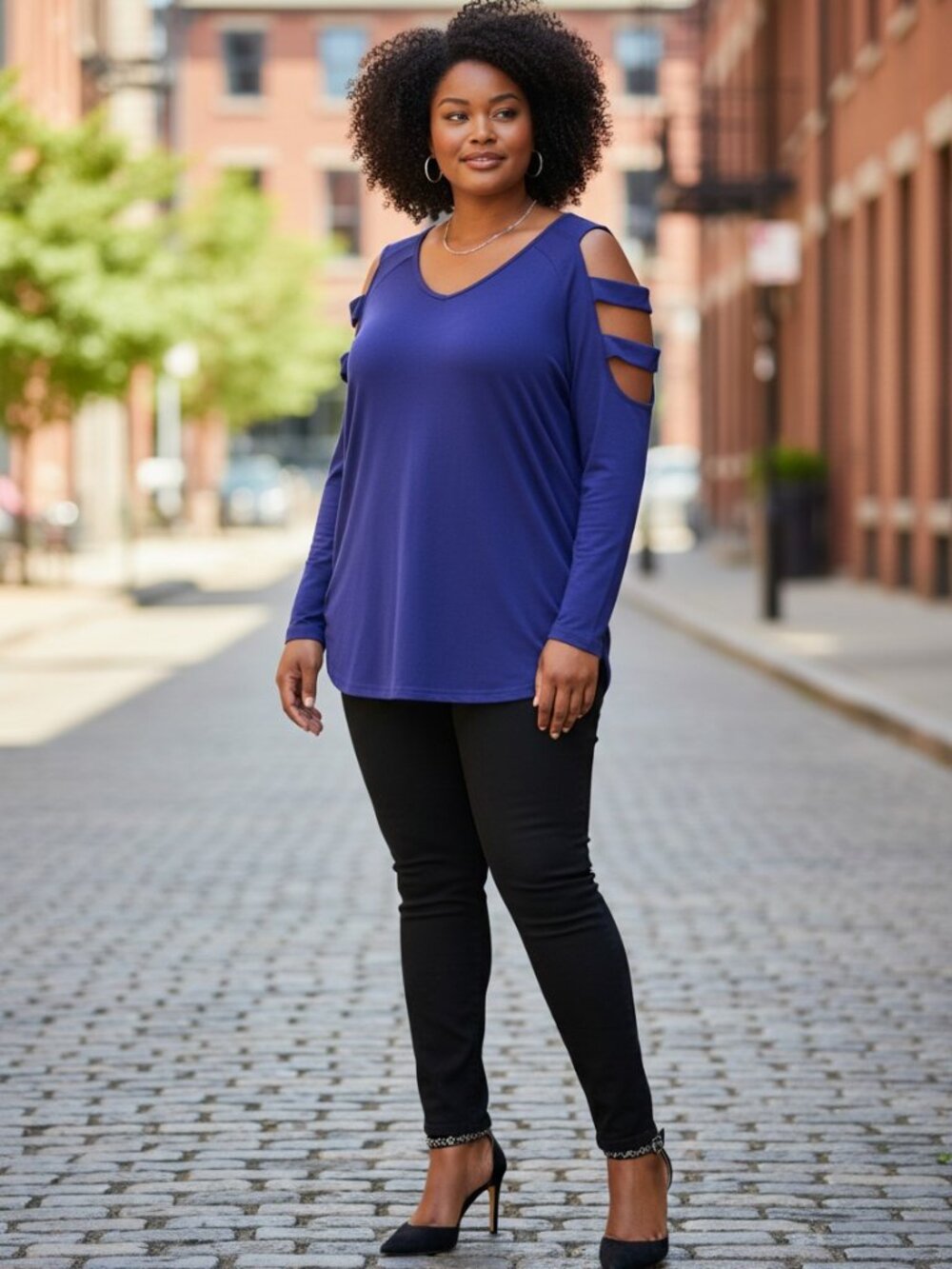 Womens Navy Blue Cold Shoulder Ladder Sleeve Stretch Top Size XL - Picture 1 of 6